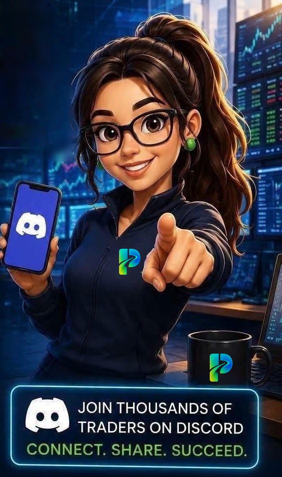 A PropFirmSave trader points at you while holding a phone showing the Discord logo. Join thousands of traders on Discord.